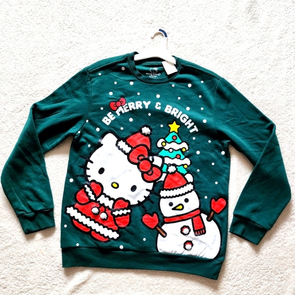 NWT Men's Be Merry & Bright Hello Kitty Pompom Fleece Pullover Sweatshirt, S M L